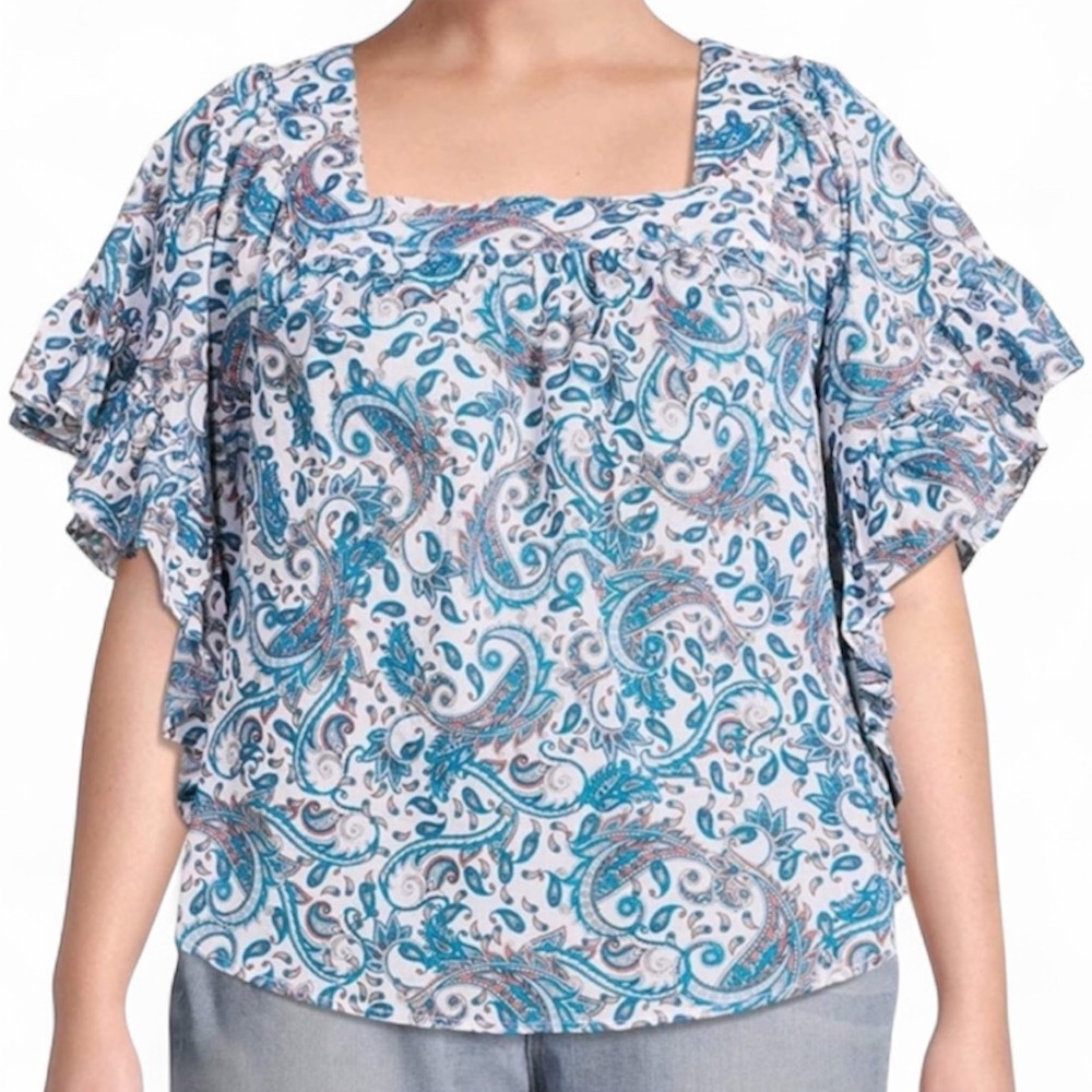 Terra &‎ Sky Women’s Aqua Blue Paisley Ruffle Sleeve Blouse Size 2X NWOT